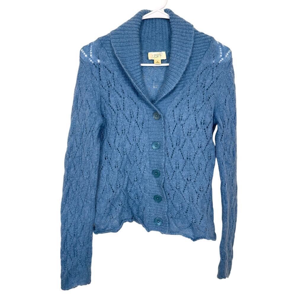 Ann Taylor Loft Vintage Wool Mohair Cardigan Sweater Blue Shawl Collar MED VGUC